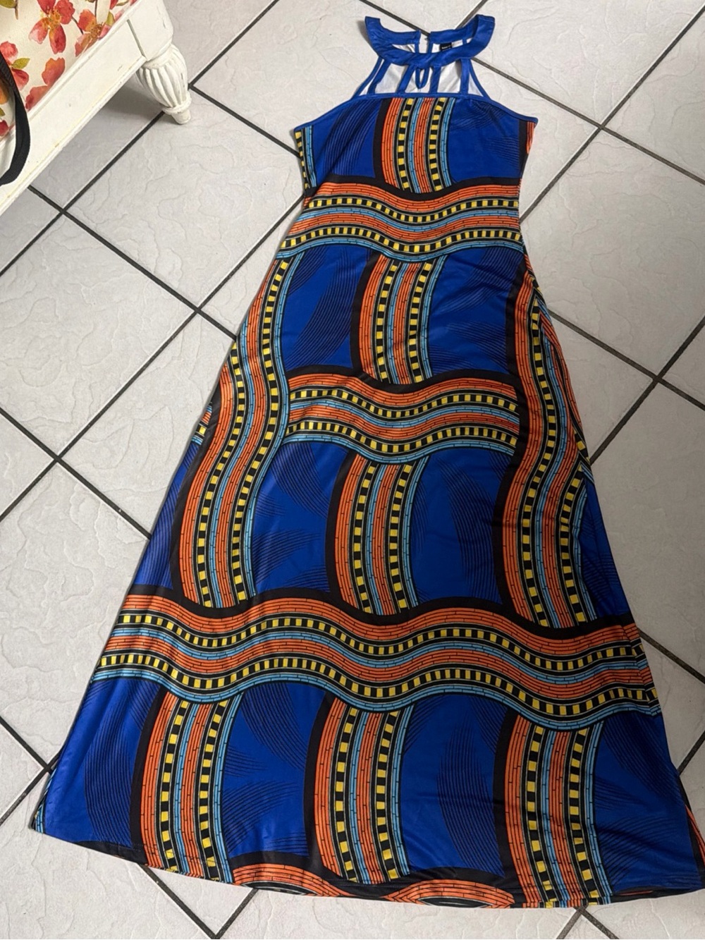 NWOT Tribal Print Royal Blue Maxi Dress Womens Size M Halter Neck Long Gorgeous